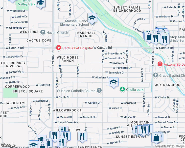 map of restaurants, bars, coffee shops, grocery stores, and more near 5539 West Sunnyside Drive in Glendale