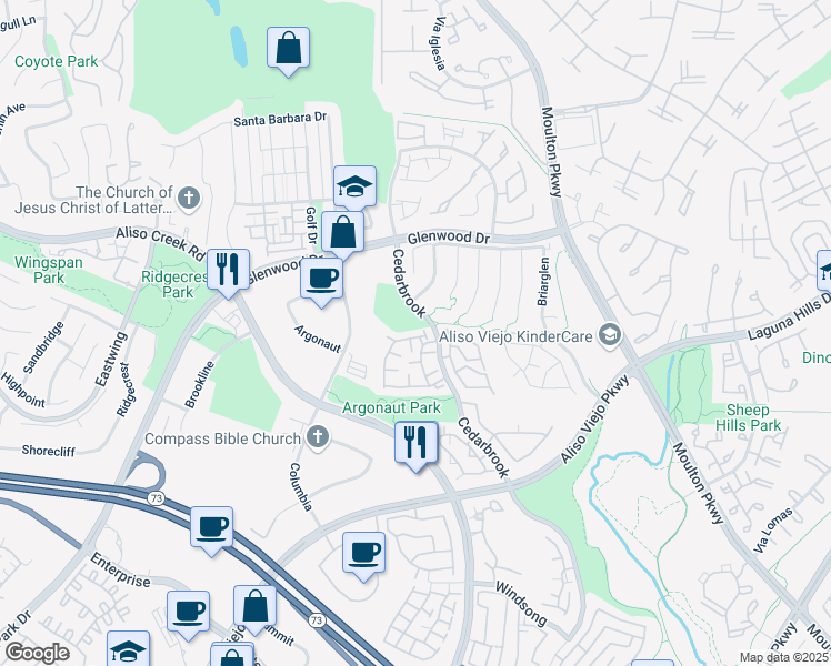 map of restaurants, bars, coffee shops, grocery stores, and more near 21 Baywood in Aliso Viejo