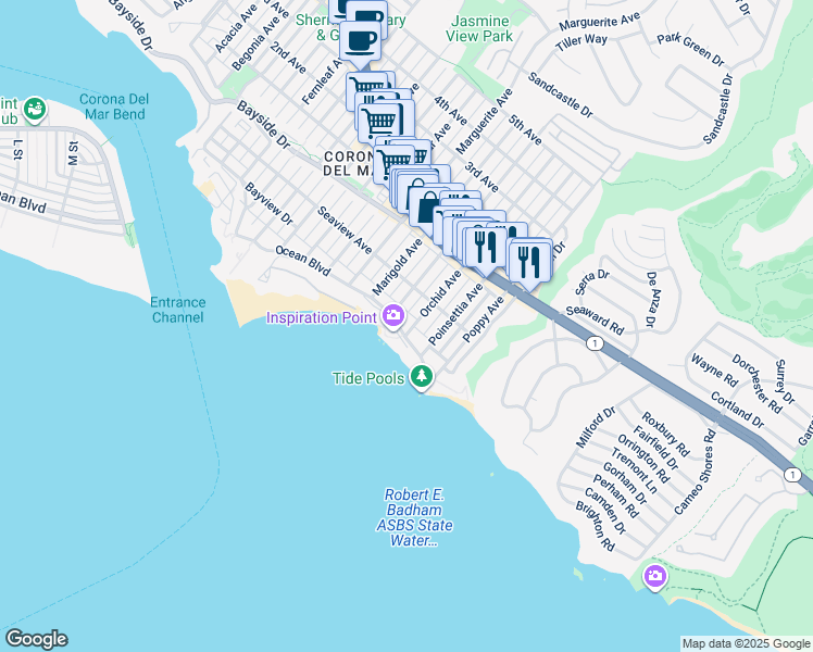map of restaurants, bars, coffee shops, grocery stores, and more near 3528 Ocean Boulevard in Newport Beach