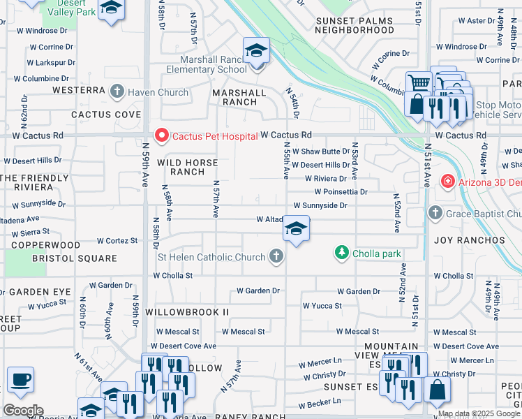 map of restaurants, bars, coffee shops, grocery stores, and more near 5539 West Sunnyside Drive in Glendale