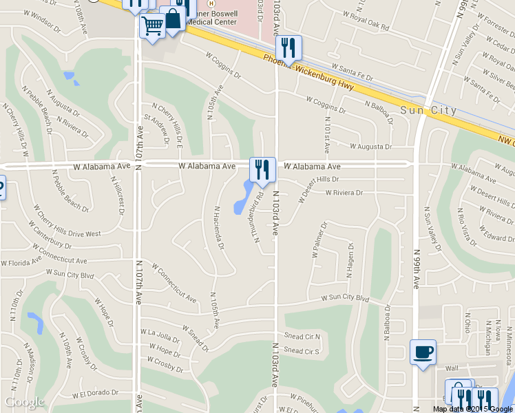 map of restaurants, bars, coffee shops, grocery stores, and more near 11843 North Thunderbird Road in Sun City