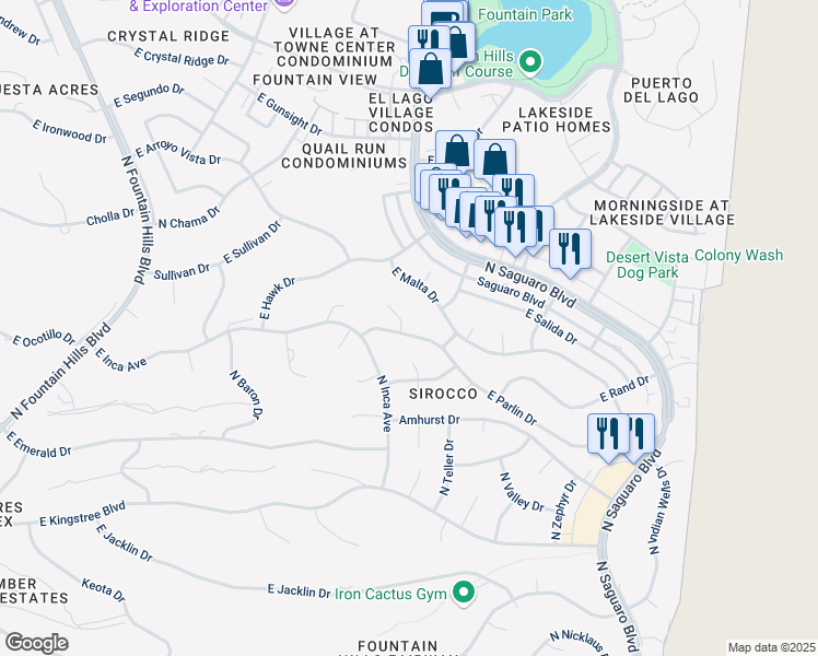 map of restaurants, bars, coffee shops, grocery stores, and more near 11607 Sparrow Lane in Fountain Hills