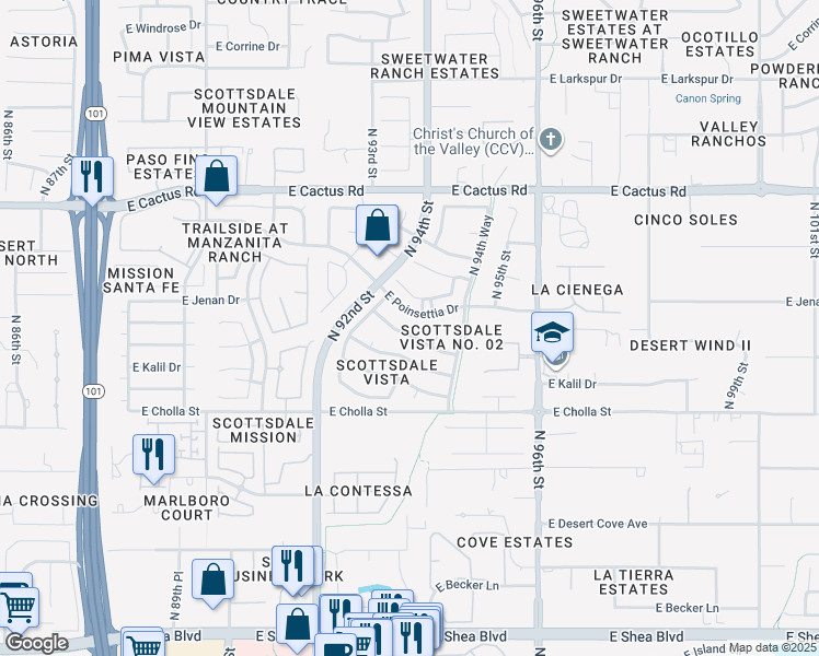 map of restaurants, bars, coffee shops, grocery stores, and more near 9358 East Altadena Avenue in Scottsdale