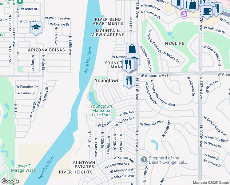 map of restaurants, bars, coffee shops, grocery stores, and more near 11830 North 112th Drive in Youngtown