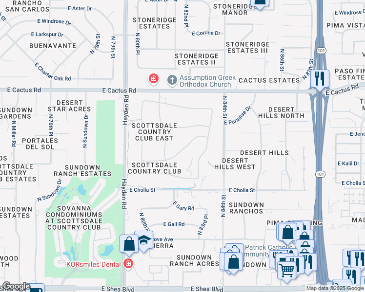 map of restaurants, bars, coffee shops, grocery stores, and more near 8202 East Cortez Drive in Scottsdale