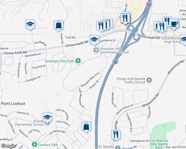 map of restaurants, bars, coffee shops, grocery stores, and more near 27529 Murrieta Oaks Avenue in Murrieta