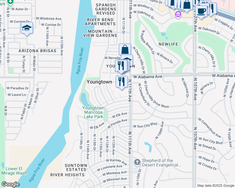 map of restaurants, bars, coffee shops, grocery stores, and more near 11141 West Arizona Avenue in Youngtown