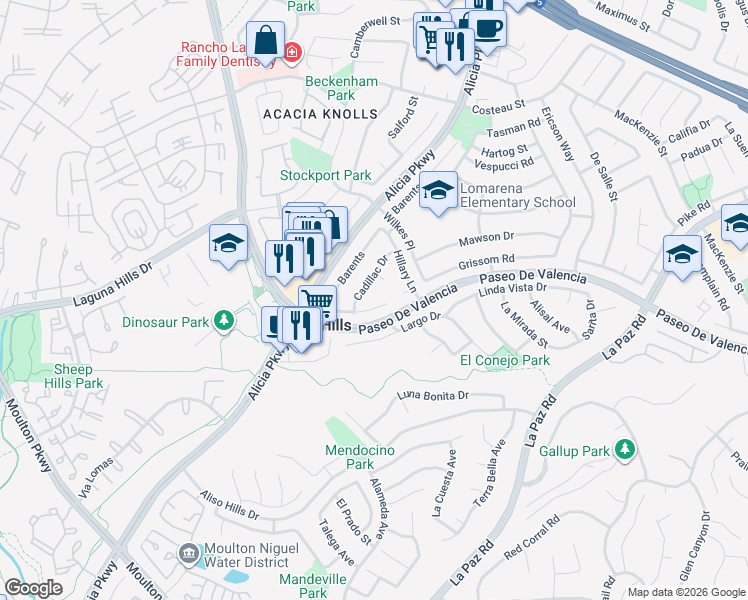map of restaurants, bars, coffee shops, grocery stores, and more near 24871 Grissom Road in Laguna Hills