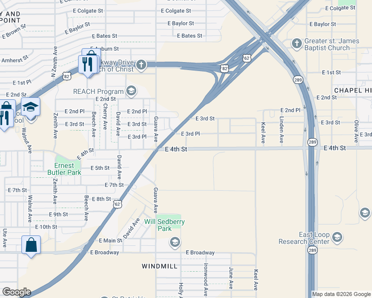 map of restaurants, bars, coffee shops, grocery stores, and more near 3100 East 4th Street in Lubbock