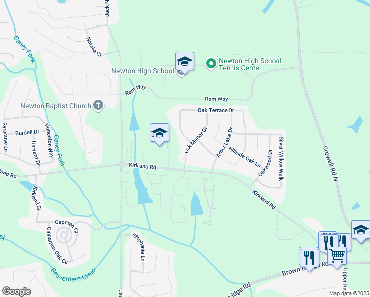 map of restaurants, bars, coffee shops, grocery stores, and more near 65 Oak Manor Drive in Covington