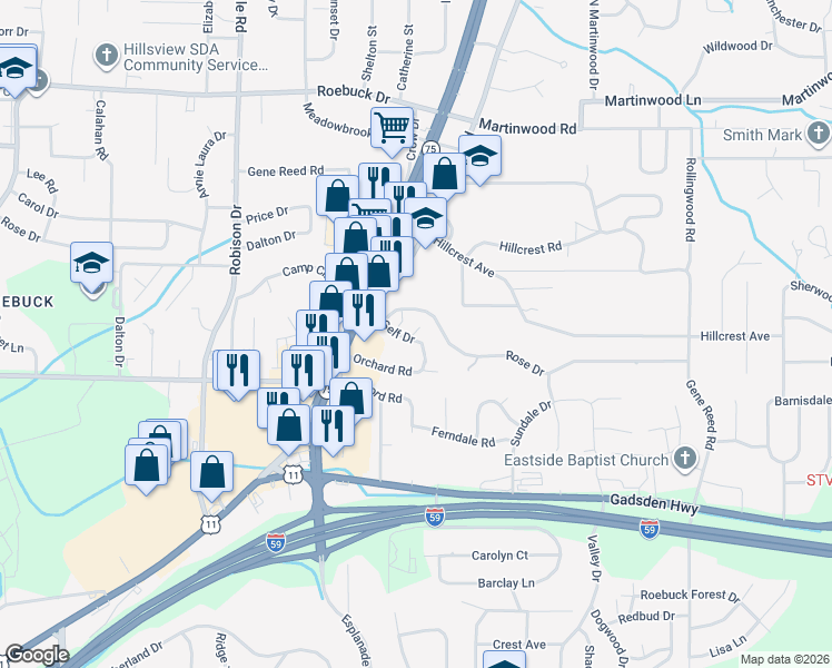 map of restaurants, bars, coffee shops, grocery stores, and more near 725 Self Drive in Birmingham