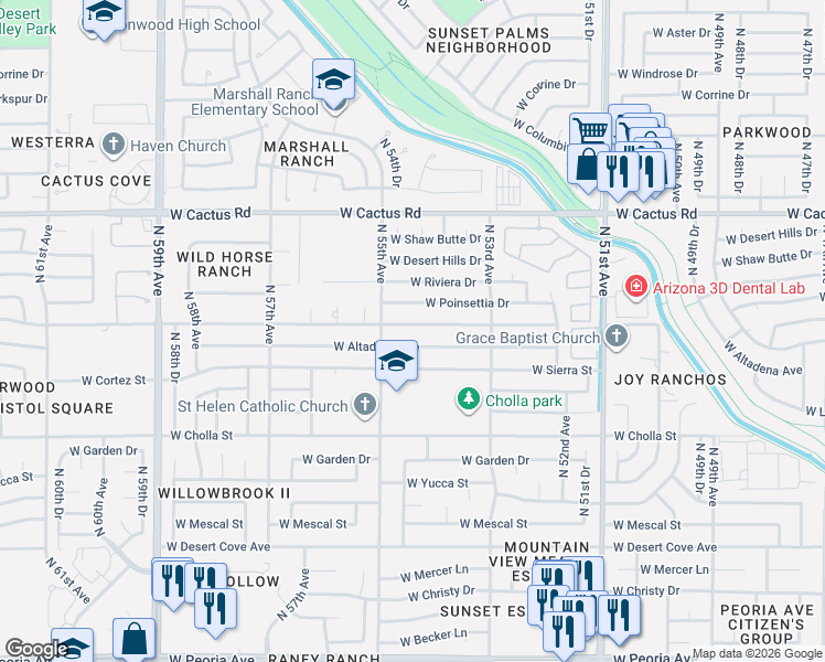 map of restaurants, bars, coffee shops, grocery stores, and more near 5425 West Sunnyside Drive in Glendale