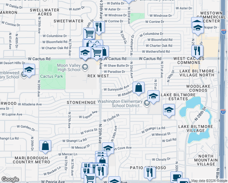 map of restaurants, bars, coffee shops, grocery stores, and more near 3417 West Sunnyside Avenue in Phoenix