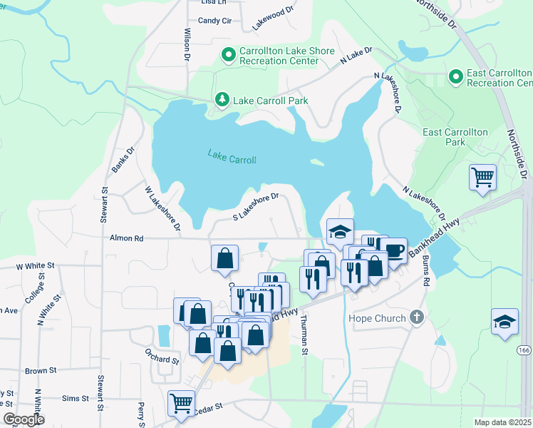 map of restaurants, bars, coffee shops, grocery stores, and more near 108 Lakeshore Park Drive in Carrollton