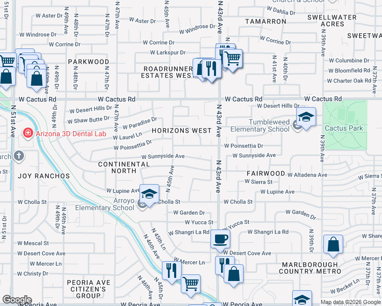 map of restaurants, bars, coffee shops, grocery stores, and more near 4402 West Sunnyside Avenue in Glendale