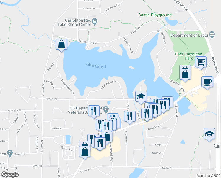 map of restaurants, bars, coffee shops, grocery stores, and more near 108 Lakeshore Park Drive in Carrollton