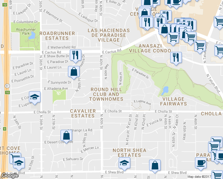 map of restaurants, bars, coffee shops, grocery stores, and more near 11627 North 40th Way in Phoenix