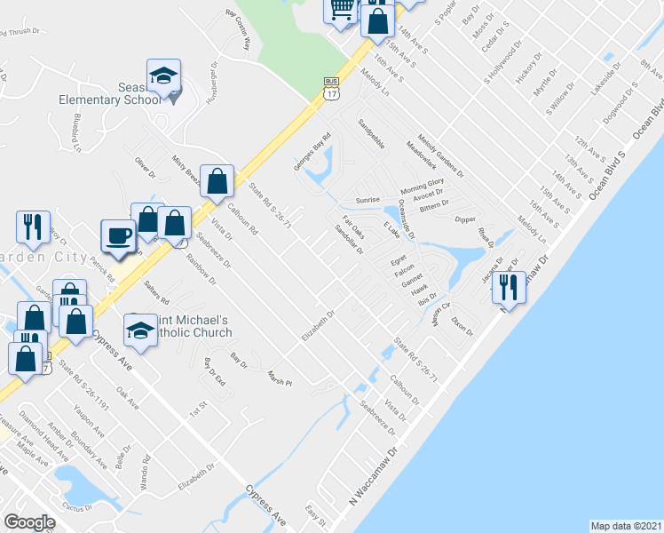 map of restaurants, bars, coffee shops, grocery stores, and more near 1000B Kelly Lane in Murrells Inlet