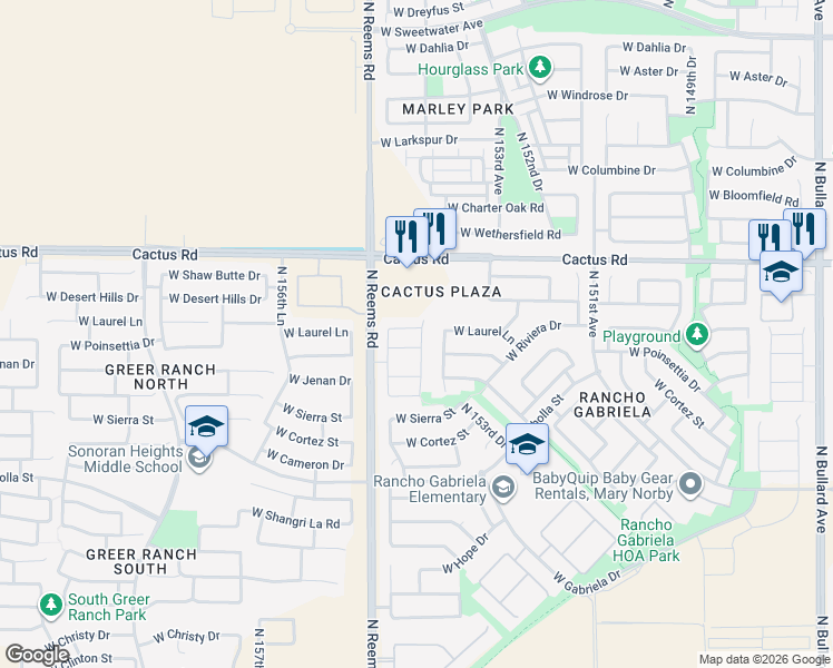 map of restaurants, bars, coffee shops, grocery stores, and more near 15417 West Laurel Lane in Surprise
