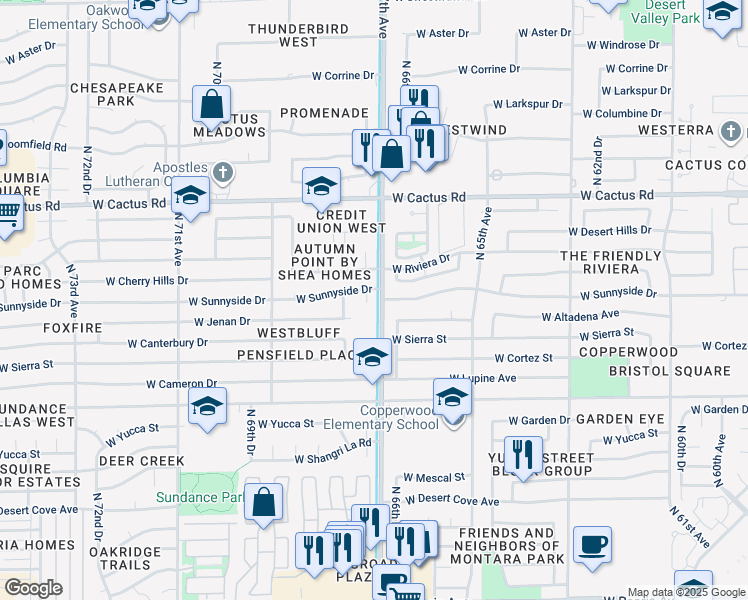map of restaurants, bars, coffee shops, grocery stores, and more near 11769 North 67th Drive in Peoria