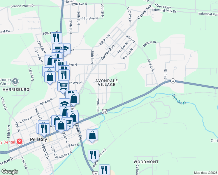 map of restaurants, bars, coffee shops, grocery stores, and more near 406 30th Street North in Pell City