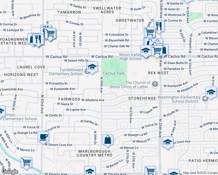 map of restaurants, bars, coffee shops, grocery stores, and more near 3823 West Poinsettia Drive in Phoenix