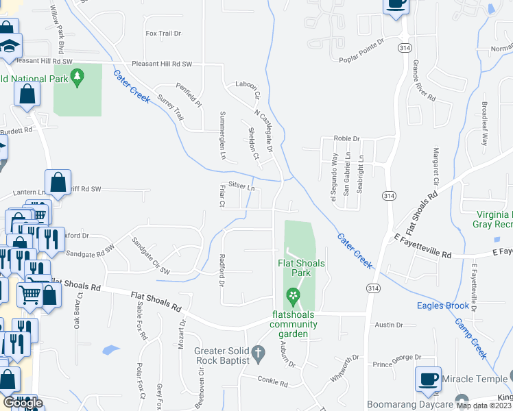 map of restaurants, bars, coffee shops, grocery stores, and more near 5959 Batson Court in Atlanta