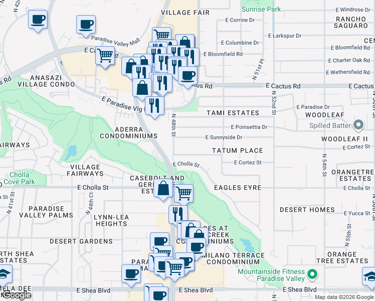 map of restaurants, bars, coffee shops, grocery stores, and more near 4630 East Altadena Avenue in Scottsdale