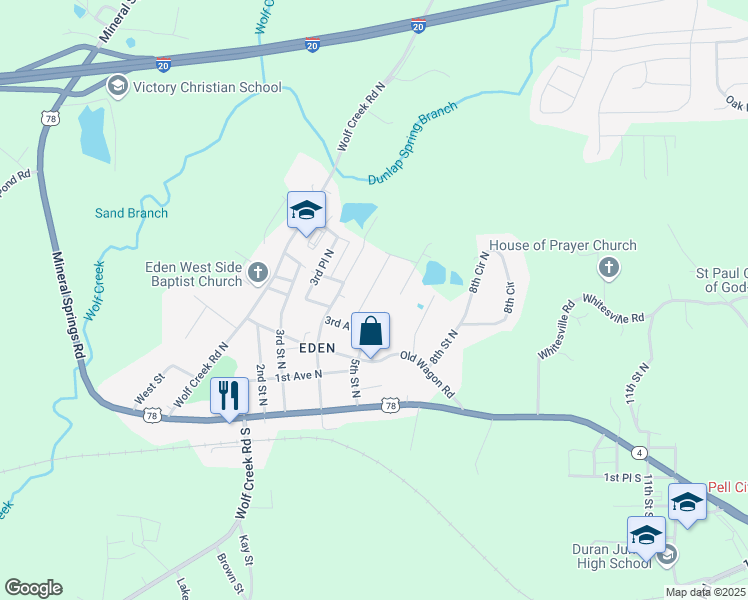 map of restaurants, bars, coffee shops, grocery stores, and more near 316 5th Street North in Pell City