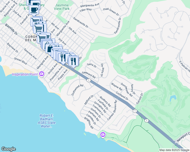 map of restaurants, bars, coffee shops, grocery stores, and more near 461 Seaward Road in Newport Beach