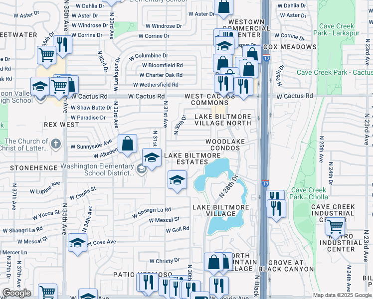 map of restaurants, bars, coffee shops, grocery stores, and more near 11622 North 30th Avenue in Phoenix