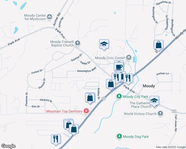 map of restaurants, bars, coffee shops, grocery stores, and more near 2004 Dorsett Circle in Moody