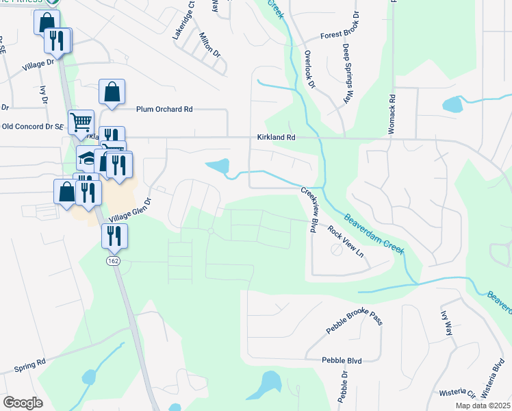 map of restaurants, bars, coffee shops, grocery stores, and more near 386 Rock View Lane in Covington