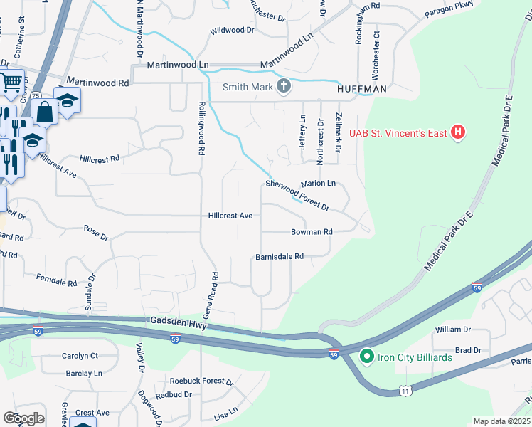 map of restaurants, bars, coffee shops, grocery stores, and more near 929 Sherwood Forest Drive in Birmingham