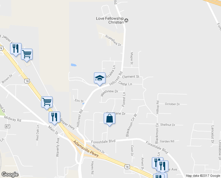 map of restaurants, bars, coffee shops, grocery stores, and more near 3004 Westview Drive in Adamsville