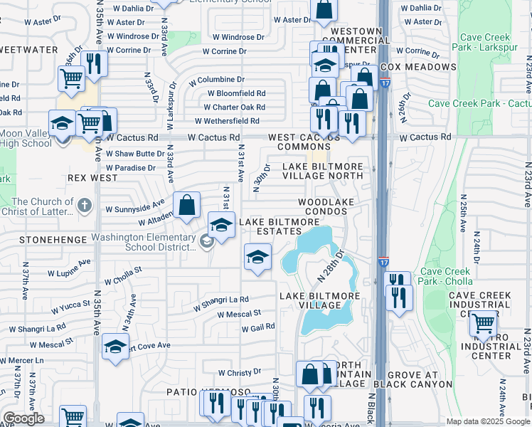 map of restaurants, bars, coffee shops, grocery stores, and more near 11622 North 30th Avenue in Phoenix