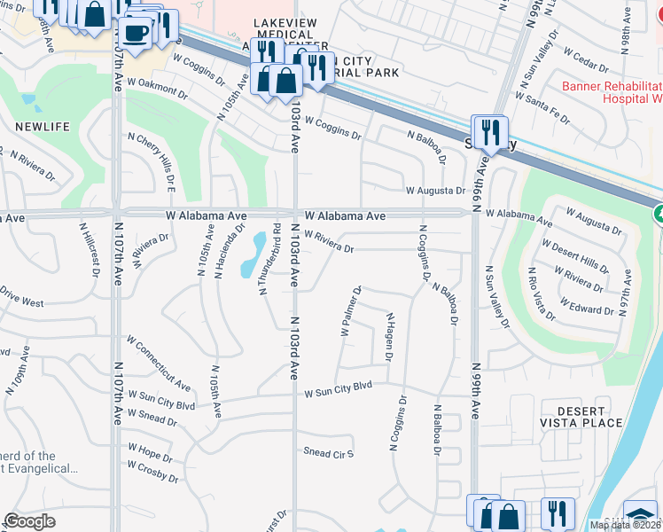 map of restaurants, bars, coffee shops, grocery stores, and more near 10223 West Desert Hills Drive in Sun City