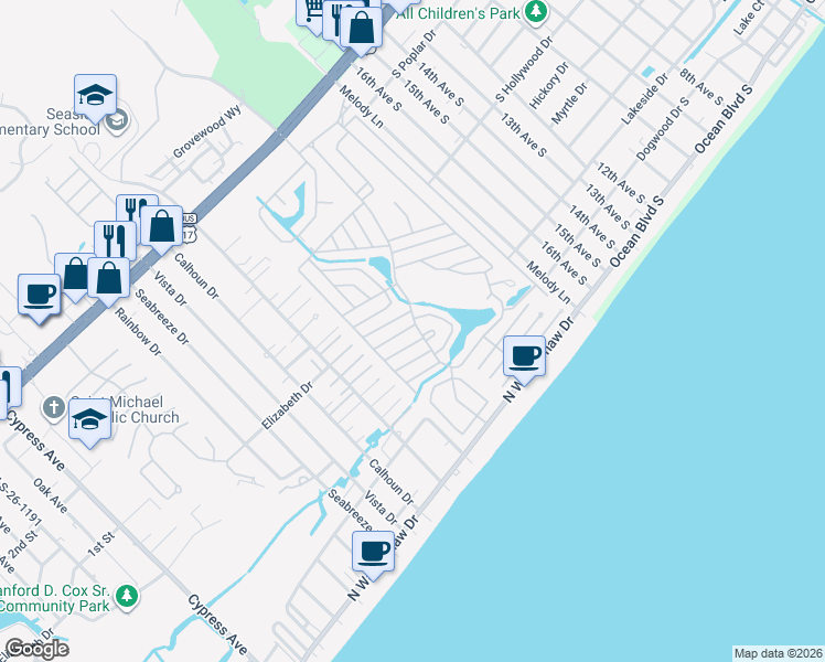map of restaurants, bars, coffee shops, grocery stores, and more near 1790 Falcon in Surfside Beach
