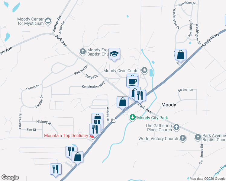 map of restaurants, bars, coffee shops, grocery stores, and more near 919 Park Avenue in Moody