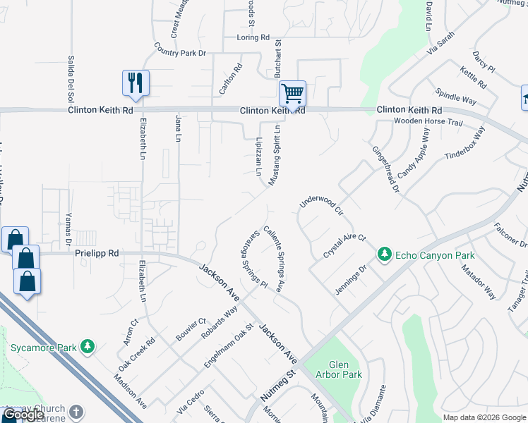 map of restaurants, bars, coffee shops, grocery stores, and more near 23279 Saratoga Springs Place in Murrieta