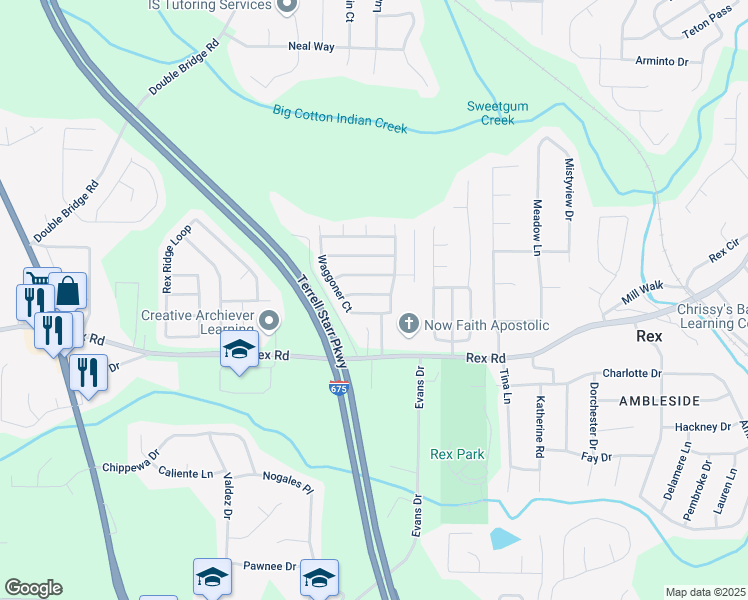 map of restaurants, bars, coffee shops, grocery stores, and more near 3359 Waggoner Lane in Rex