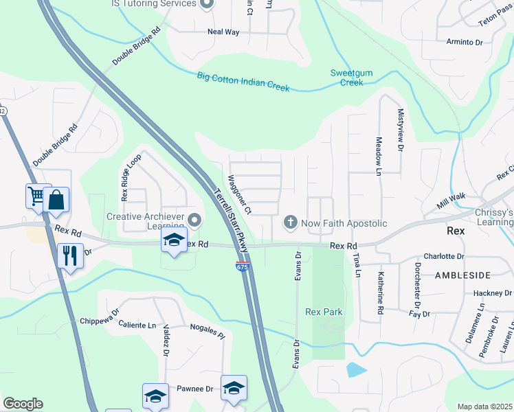 map of restaurants, bars, coffee shops, grocery stores, and more near 3359 Waggoner Lane in Rex