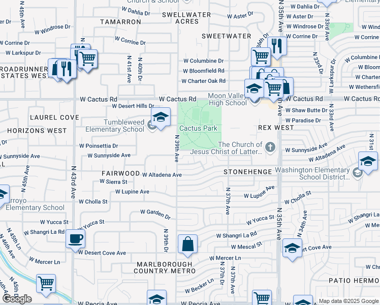 map of restaurants, bars, coffee shops, grocery stores, and more near 3823 West Poinsettia Drive in Phoenix