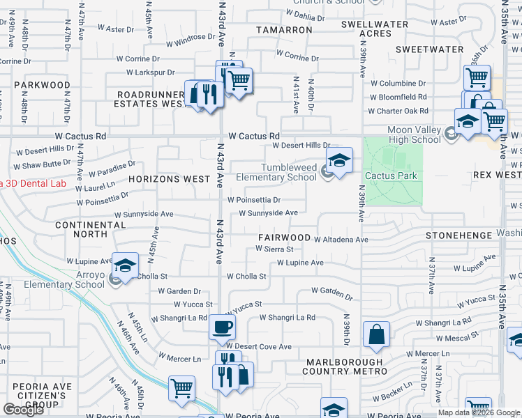 map of restaurants, bars, coffee shops, grocery stores, and more near 4142 West Sunnyside Avenue in Phoenix