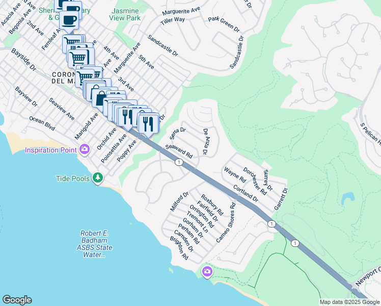 map of restaurants, bars, coffee shops, grocery stores, and more near 461 Seaward Road in Newport Beach