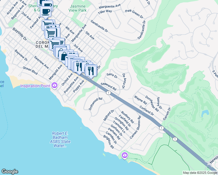 map of restaurants, bars, coffee shops, grocery stores, and more near 4148 Shorecrest Lane in Newport Beach