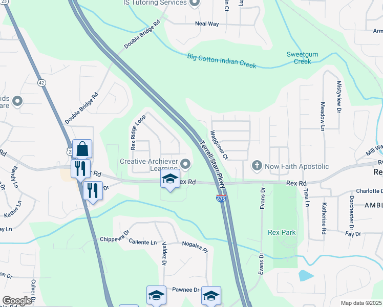 map of restaurants, bars, coffee shops, grocery stores, and more near 3225 Rex Ridge Drive in Rex