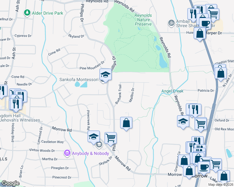 map of restaurants, bars, coffee shops, grocery stores, and more near 1196 Burbank Trail in Morrow