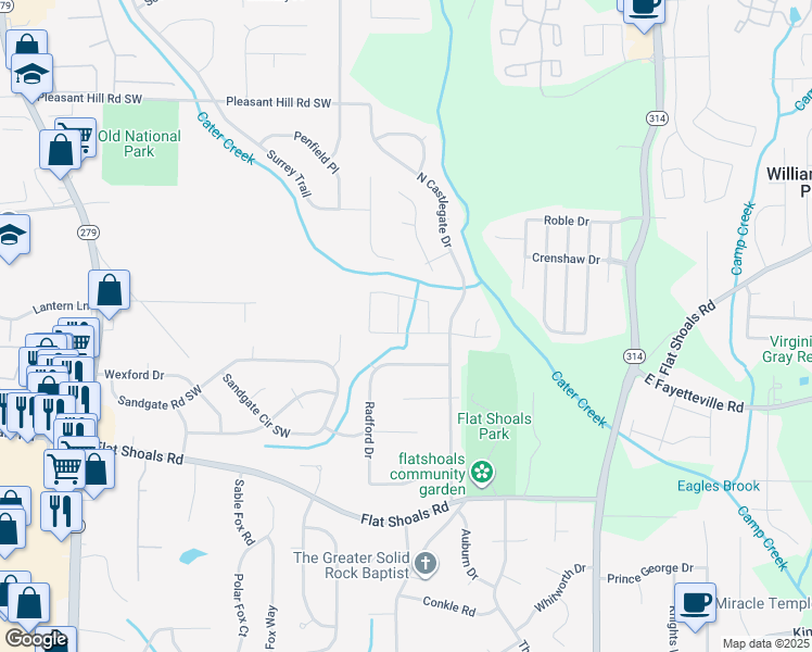 map of restaurants, bars, coffee shops, grocery stores, and more near 2035 Banks Way in Atlanta