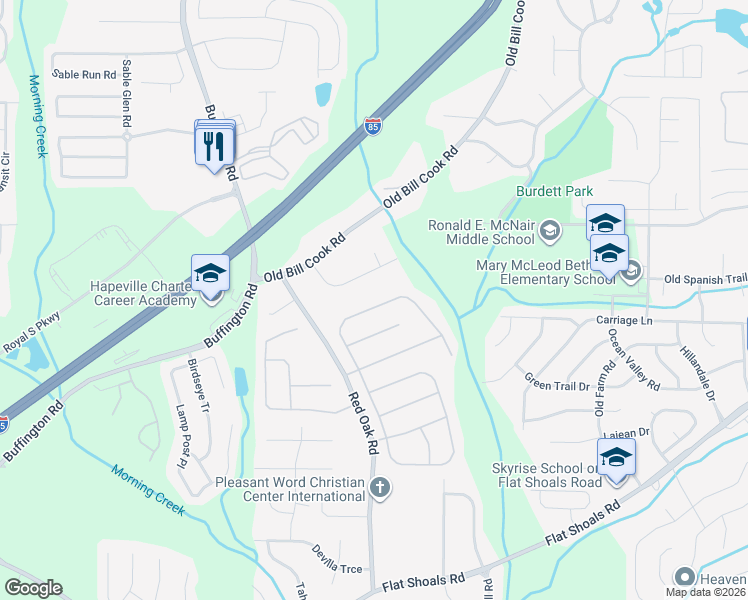 map of restaurants, bars, coffee shops, grocery stores, and more near 6076 Riveroak Terrace in College Park